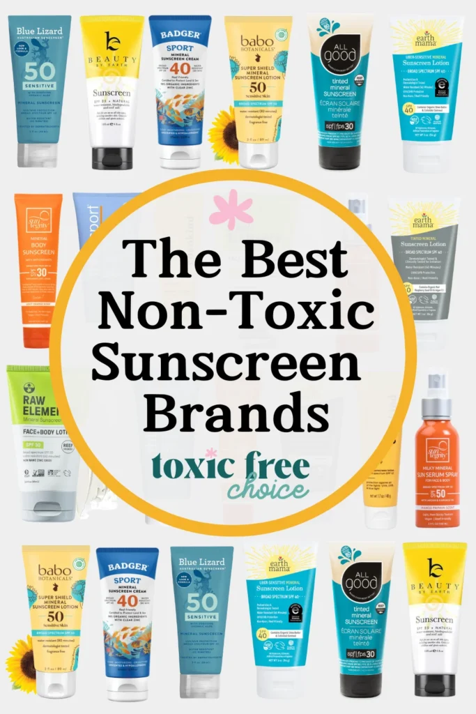 Text reading "the best non-toxic sunscreen brands", showcasing a collage of non-toxic sunscreen.