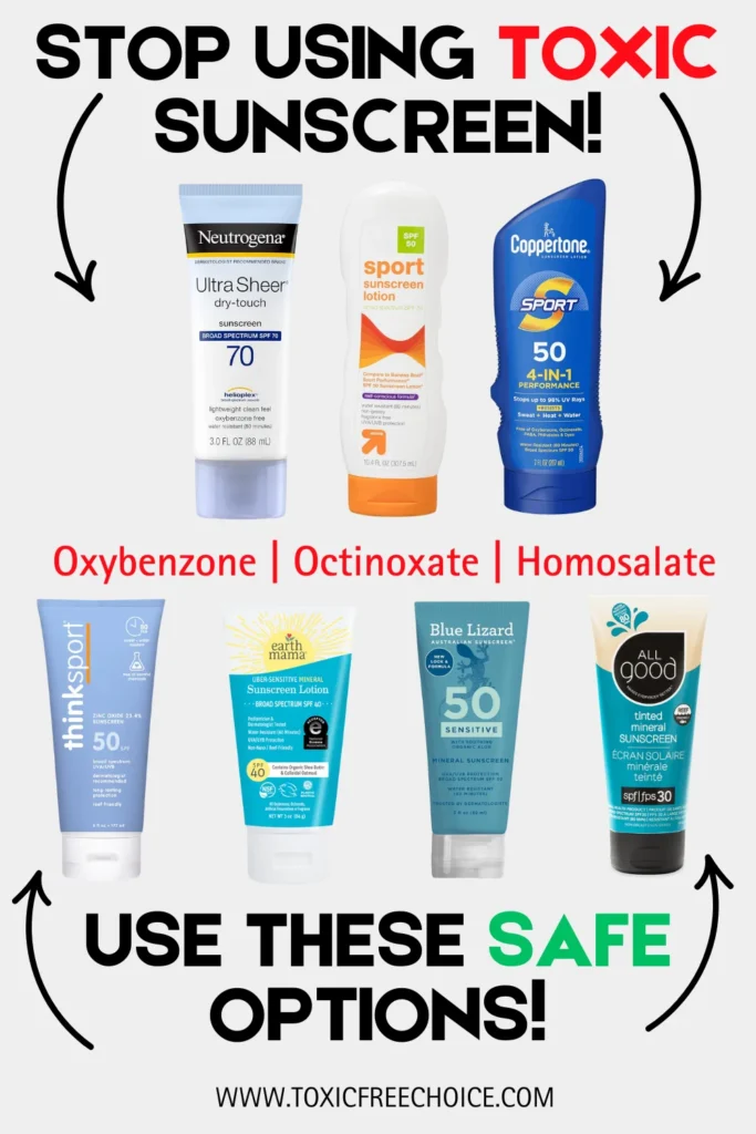 Text reading "stop using toxic sunscreen, use these safe options", showcasing 3 images of toxic sunscreen and 3 images of non-toxic sunscreen.