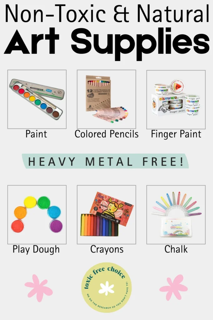 Text reading "non-toxic & natural art supplies", showcasing non-toxic & natural art supplies such as paint, colored pencils, finger paint and more.
