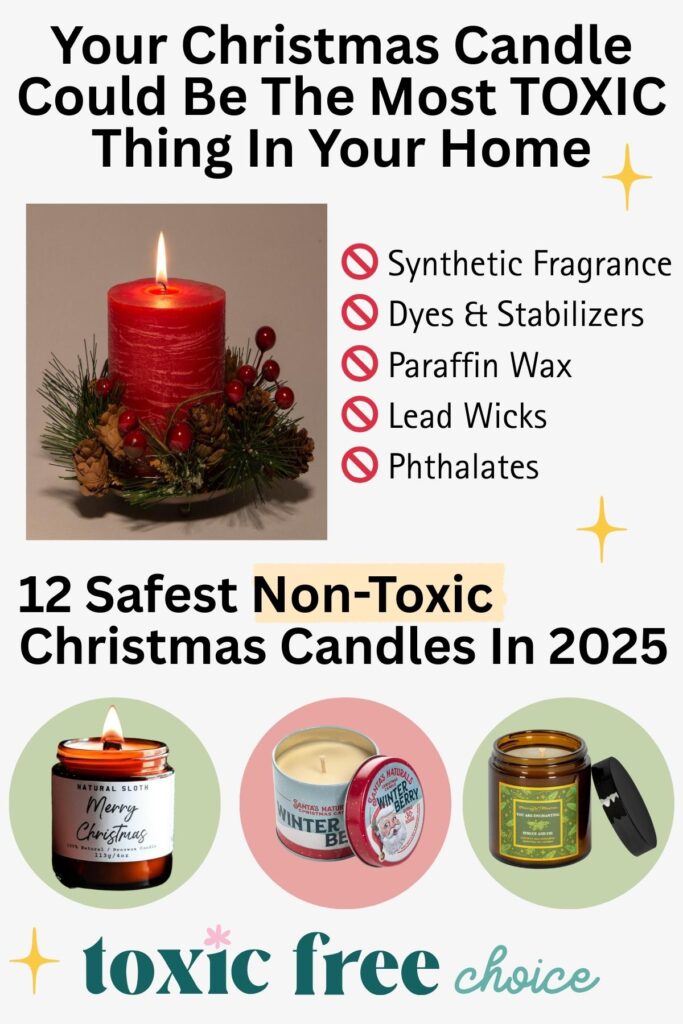 Infographic warning that Christmas candles can be toxic. Lists harmful ingredients to avoid: synthetic fragrance, dyes, paraffin wax, lead wicks, and phthalates. Highlights “12 Safest Non-Toxic Christmas Candles in 2025” with images of three safe candle brands: Natural Sloth, Santa’s Naturals, and Meaningful Mantras.