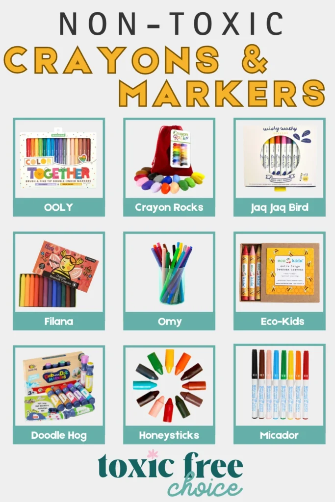 Text reading "non-toxic crayons & markers, showcasing non-toxic crayon & marker brands such as OOLY, Crayon Rocks, Jaq Jaq Bird and more.
