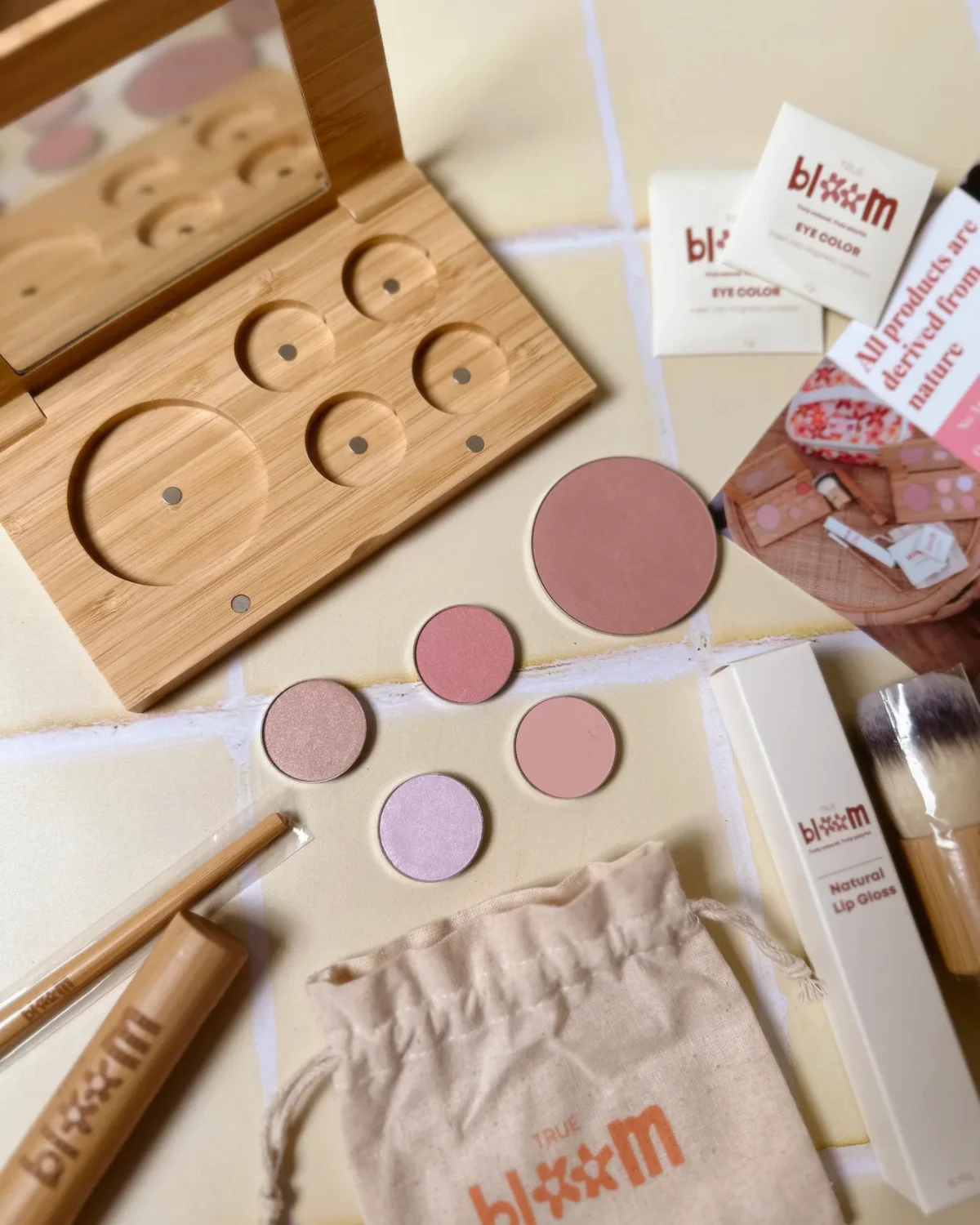 True Bloom Kids organic play makeup kit with bamboo packaging and natural mineral pigments for children.