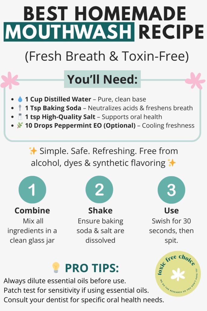 Infographic showing a DIY homemade mouthwash recipe made with distilled water, baking soda, salt, and optional peppermint essential oil. Includes step-by-step instructions to combine, shake, and use, plus pro tips for safe use of essential oils.