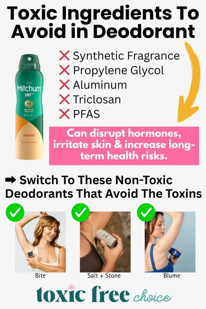 Graphic listing toxic deodorant ingredients to avoid, including synthetic fragrance, propylene glycol, aluminum, triclosan, and PFAS, with a warning about health risks and images of recommended non-toxic brands Bite, Salt + Stone, and Blume.