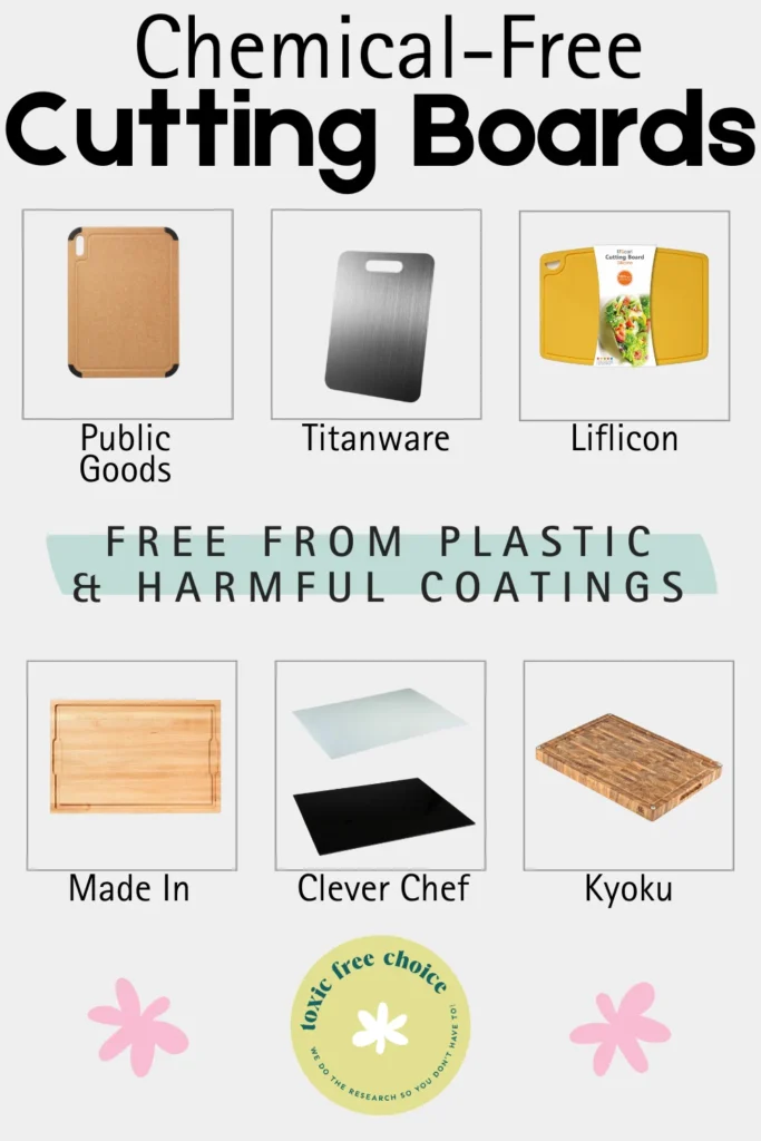 Text reading "chemical-free cutting boards", showcasing non-toxic cutting board brands such as Public Goods, Titanware, Liflicon and more.