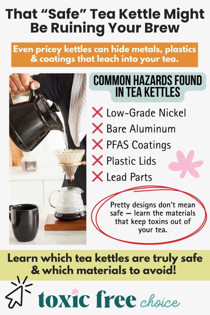 Image showing a person pouring hot water from a black kettle into a pour-over coffee maker, alongside text listing common hazards in tea kettles such as low-grade nickel, bare aluminum, PFAS coatings, plastic lids, and lead parts.