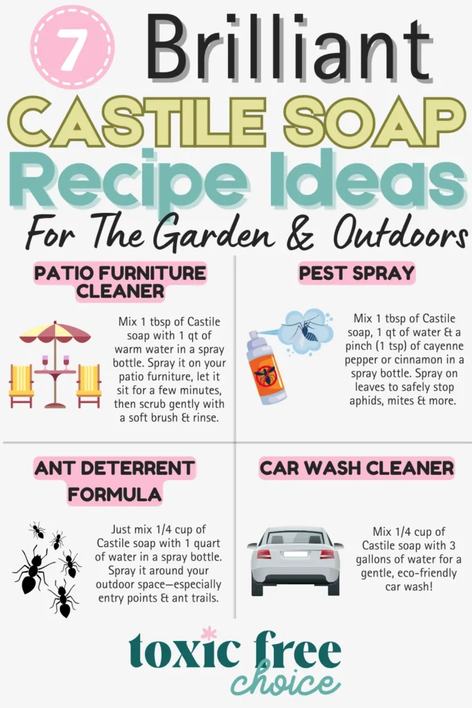 Text reading "7 brilliant Castile soap recipe ideas for the garden & outdoors", showcasing 4 Castile soap recipe ideas for the garden & outdoors with text and images of what ingredients to use.