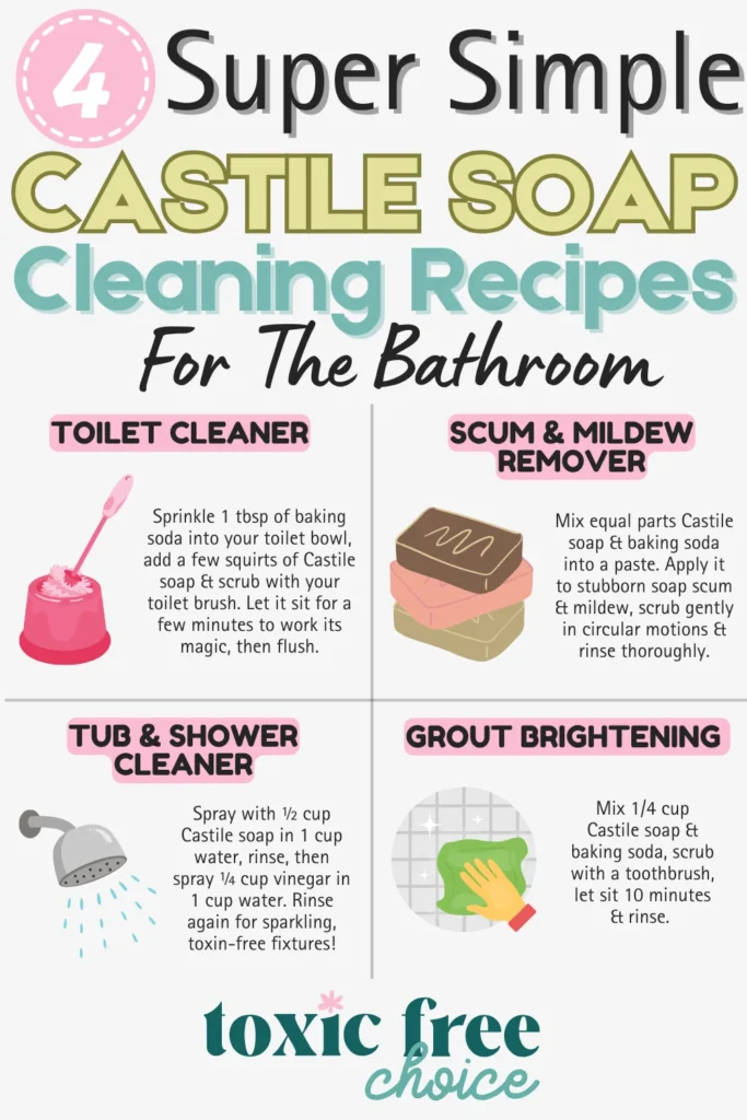 Text reading "4 super simple Castile soap cleaning recipes for the bathroom", showcasing 4 Castile soap cleaning recipes for the bathroom with text and images of what ingredients to use.