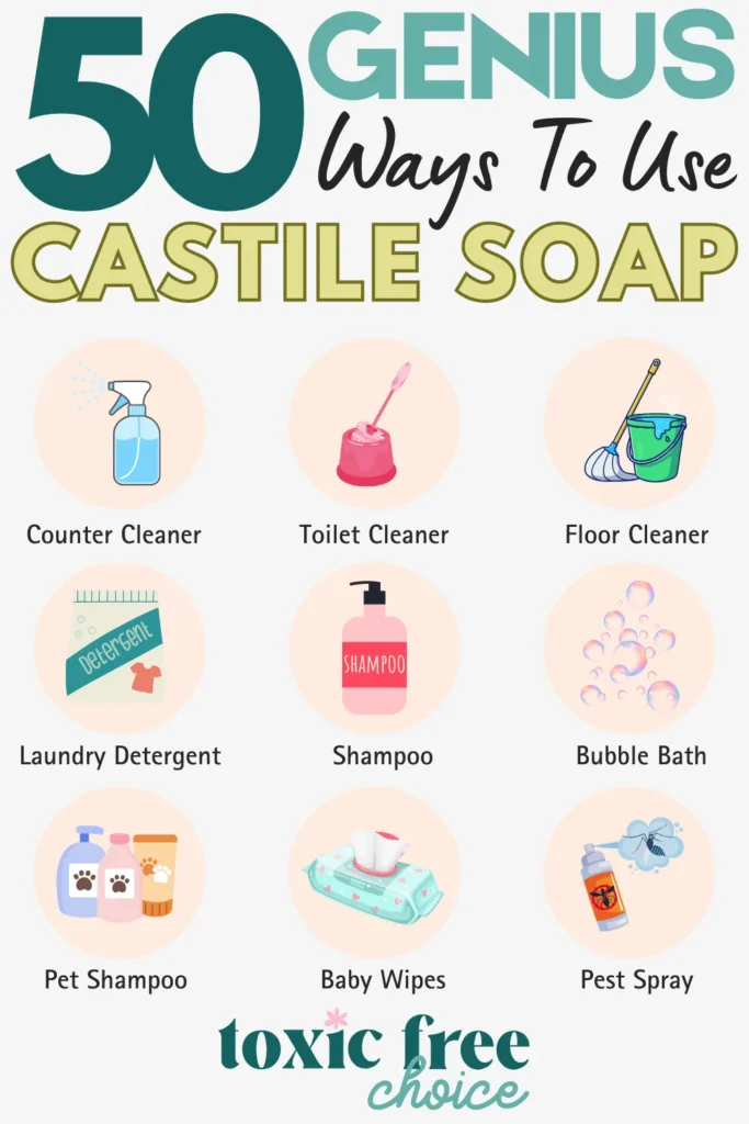 Text reading "50 genius ways to use Castile soap", showcasing various ways to use Castile soap such as toilet cleaner, bubble bath, pet shampoo and more.