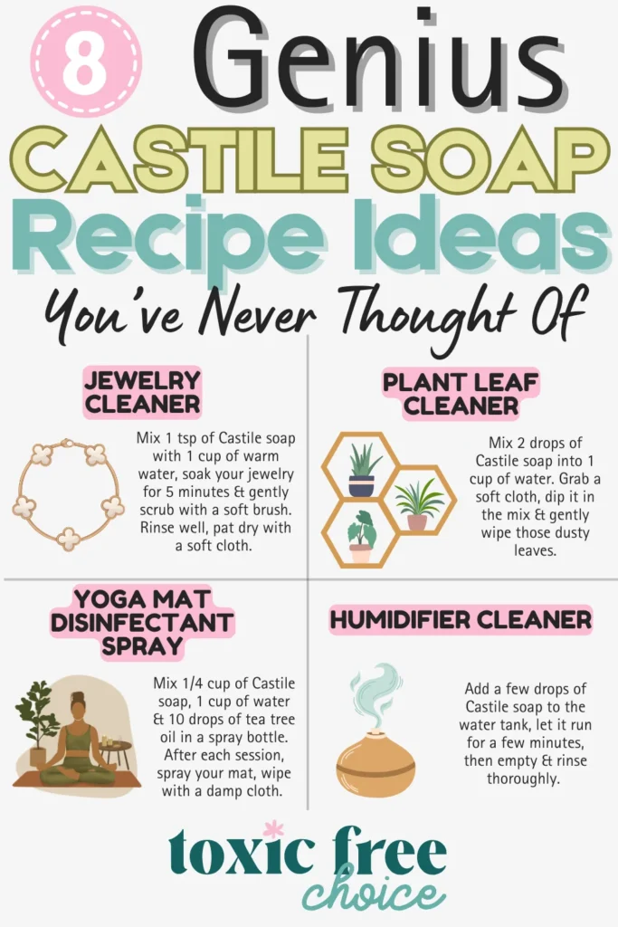 Text reading "8 genius Castile soap recipe ideas you've never thought of", showcasing 4 Castile soap recipe ideas with text and images of what ingredients to use.