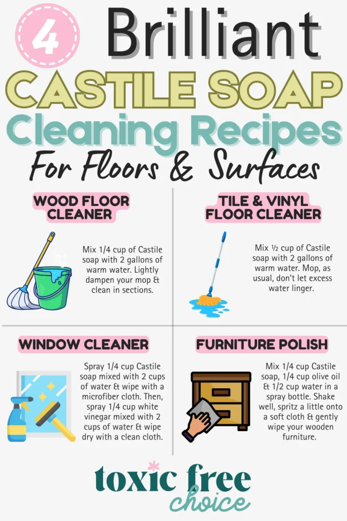 Text reading "4 Brilliant Castile soap cleaning recipes for floors & surfaces", showcasing 4 Castile soap cleaning recipes for floors and surfaces with text and images of what ingredients to use.