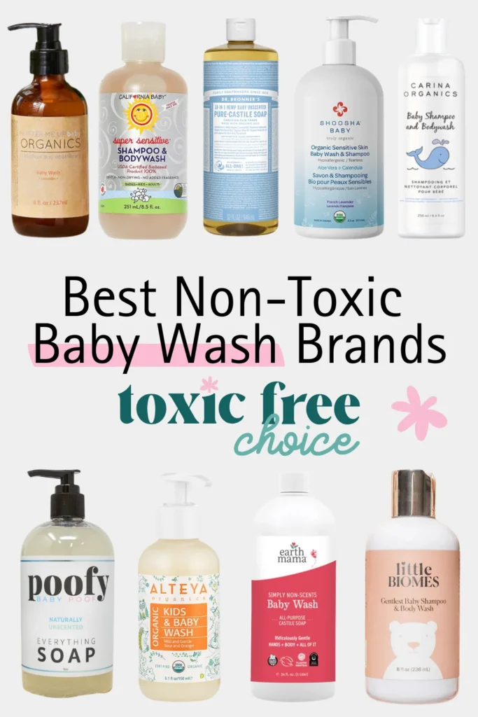 Text reading "best non-toxic baby wash brands", showcasing a collage of non-toxic baby wash brands.