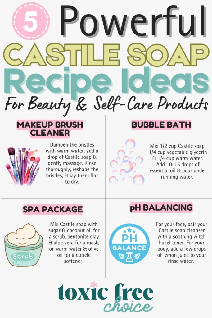 Text reading "5 powerful Castile soap recipe ideas for beauty & self-care products", showcasing 4 Castile soap recipe ideas for beauty & self-care products with text and images of what ingredients to use.