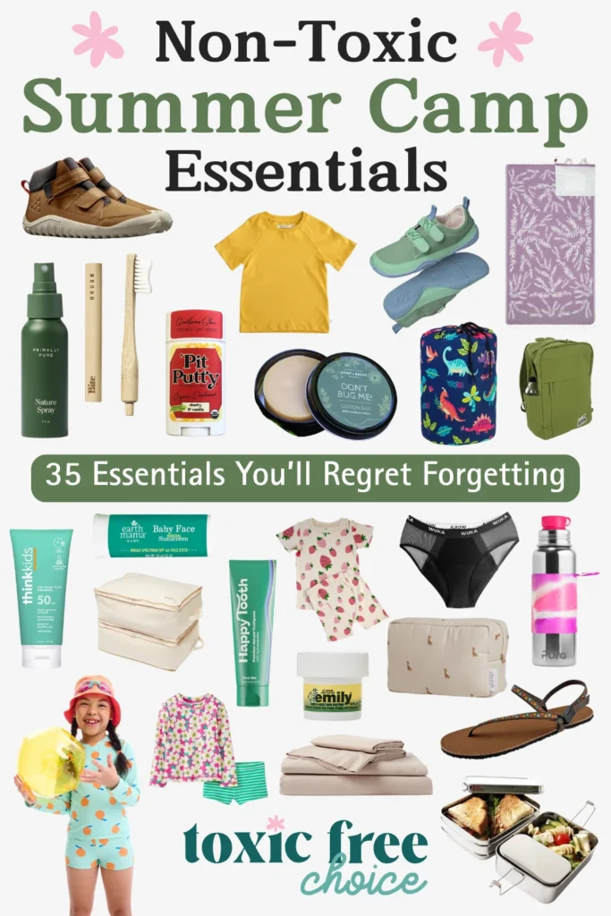 Text reading "non-toxic summer camp essentials", showcasing a collage of non-toxic summer camp essentials.