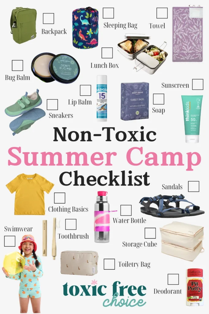 Text reading "non-toxic summer camp checklist", showcasing a variety of non-toxic summer camp products with checkboxes next to each item.