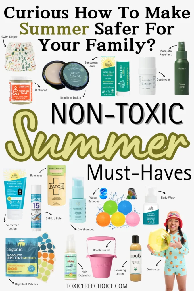 Text reading "curious how to make summer safer for your family, non-toxic summer must-haves", showcasing non-toxic summer must-haves such as repellent lotion, sunscreen stick, beach bucket, swimwear, SPF lip balm and more.