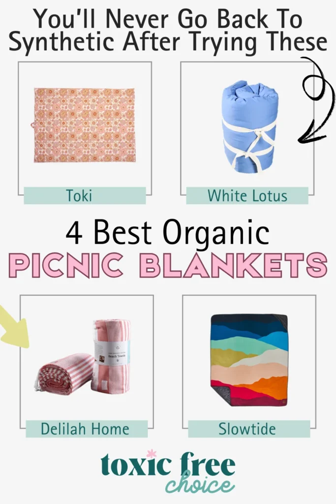 Text reading "you'll never go back to synthetic after trying these, 4 best organic picnic blankets", showcasing organic picnic blankets from brands like Toki, White Lotus and more.