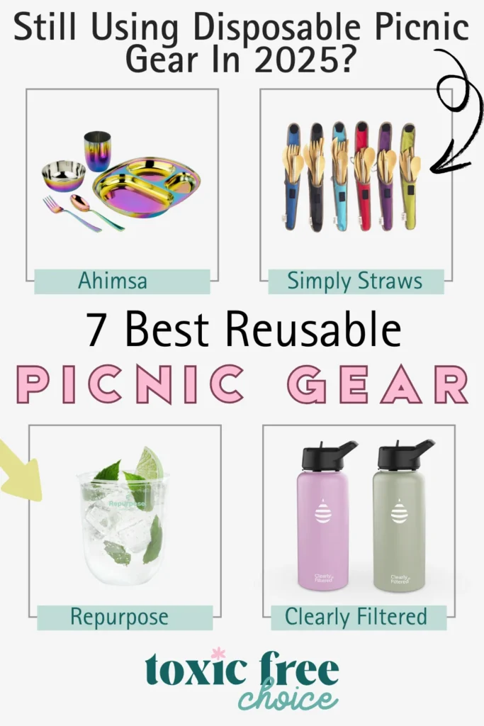 Text reading "still using disposable picnic gear in 2025?, 7 best reusable picnic gear", showcasing reusable picnic gear from brands like Ahimsa, Simply Straws and more.