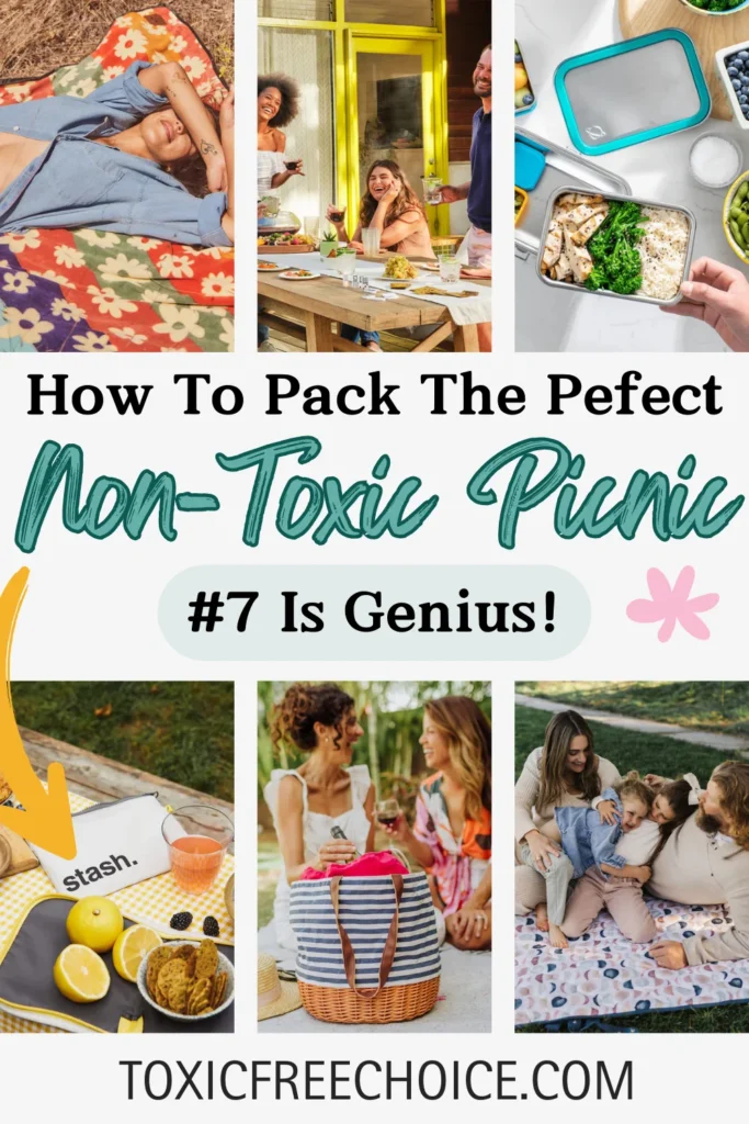 Text reading "how to pack the perfect non-toxic picnic, #7 is genius", showcasing 6 images of a picnic setting.