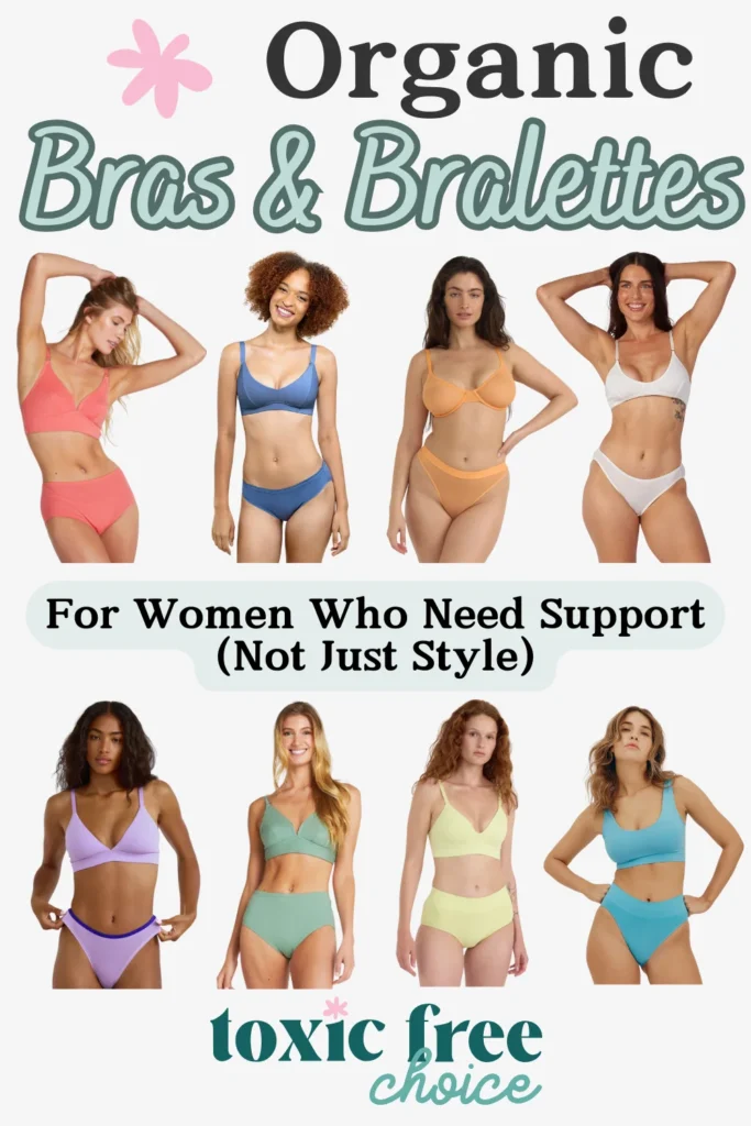 Text reading "organic bras & bralettes", showcasing women wearing organic bras & bralettes.