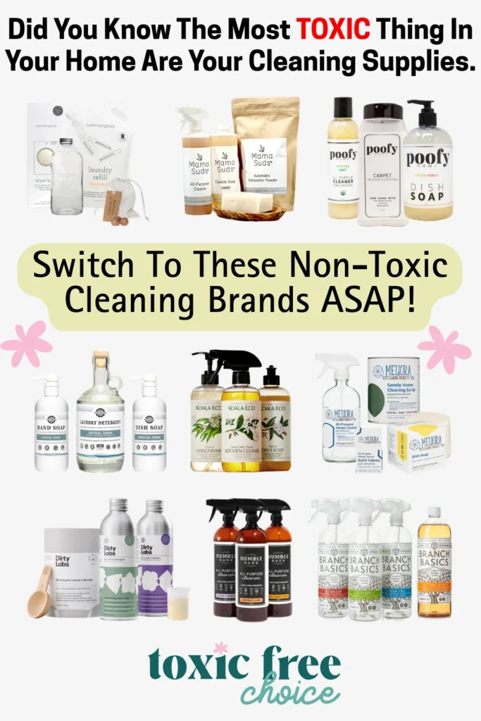 Text reading "Did you know the most toxic thing in your home are your cleaning supplies. Switch to these non-toxic cleaning brands ASAP", showcasing non-toxic cleaning brands such as Meliora, Butter Me Up Organics, Humble Suds and more.