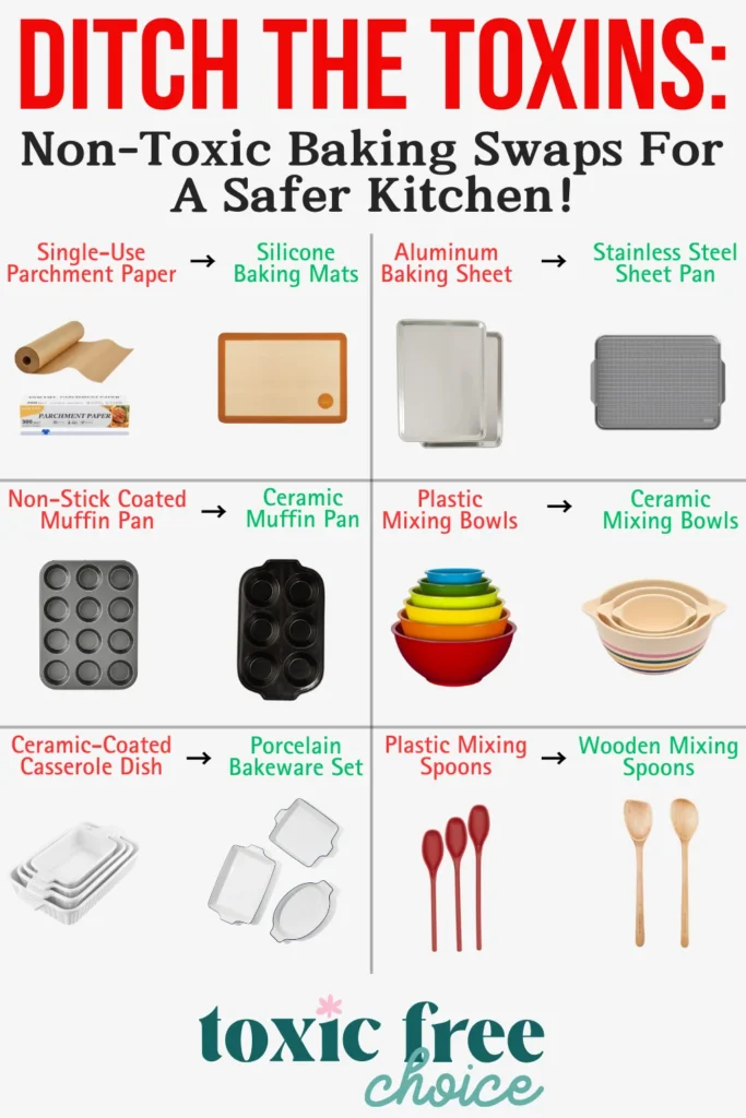 Text reading "Ditch the toxins: Non-toxic baking swaps for a safer kitchen", showcasing common toxic baking tools with safer alternatives.