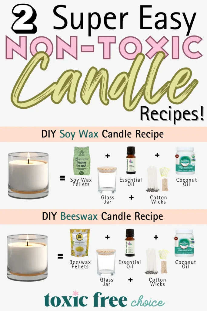 Text reading "2 super easy non-toxic candle recipes", showcasing 2 DIY non-toxic candle recipes with text and images of what ingredients to use.