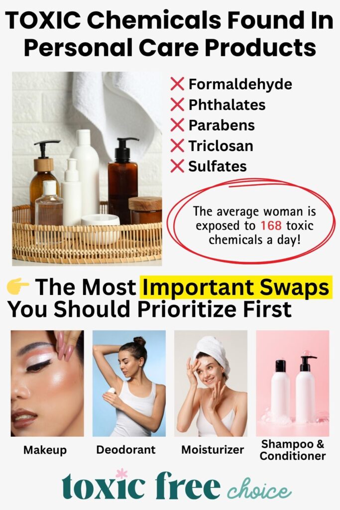 Graphic showing toxic chemicals in personal care products like formaldehyde and parabens, with recommended non-toxic swaps for makeup, deodorant, moisturizer, and shampoo.