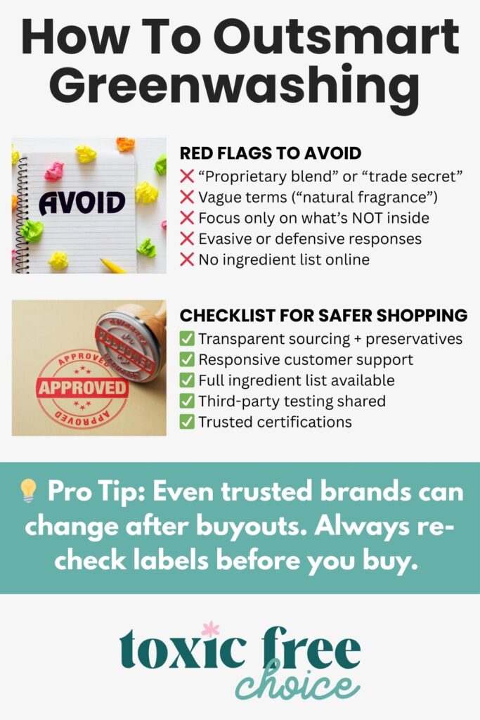 Infographic on how to spot greenwashing in product marketing, with red flags to avoid and a checklist for safer shopping from Toxic Free Choice.