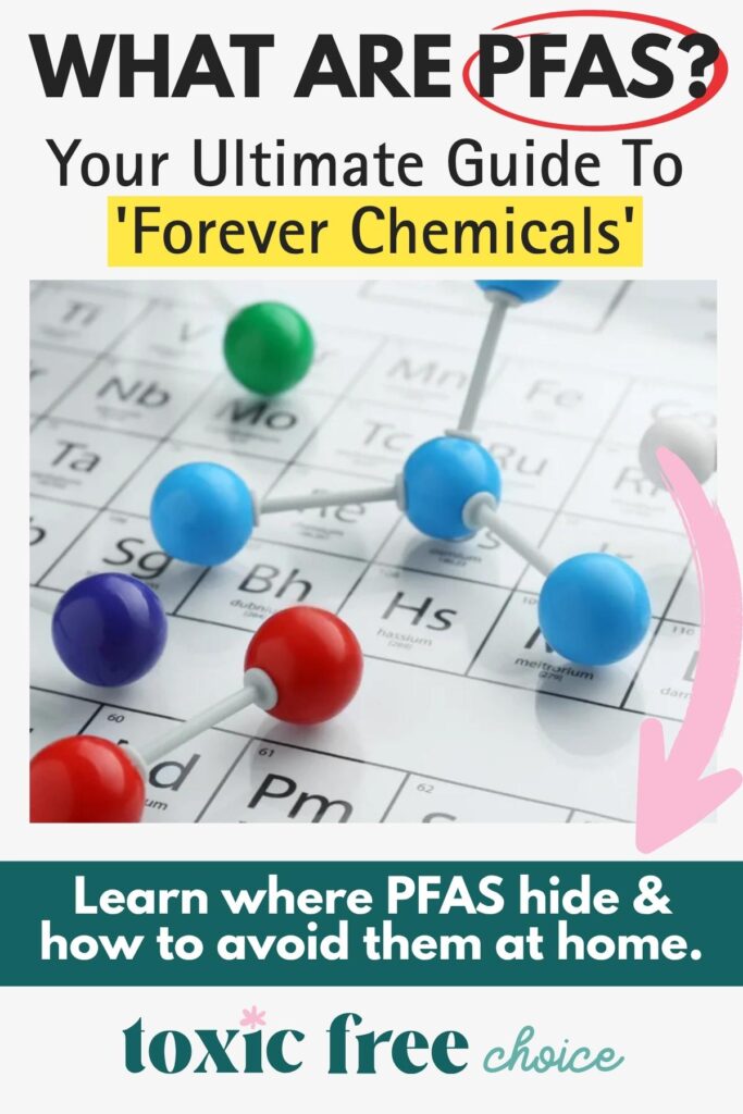 Image with the title “What Are PFAS? Your Ultimate Guide to ‘Forever Chemicals’” showing a molecular model on a periodic table. Text at the bottom says “Learn where PFAS hide & how to avoid them at home”. 