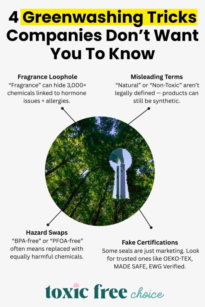 Infographic highlighting 4 greenwashing tricks companies use, including fragrance loopholes, misleading terms, hazard swaps, and fake certifications, with tips from Toxic Free Choice.