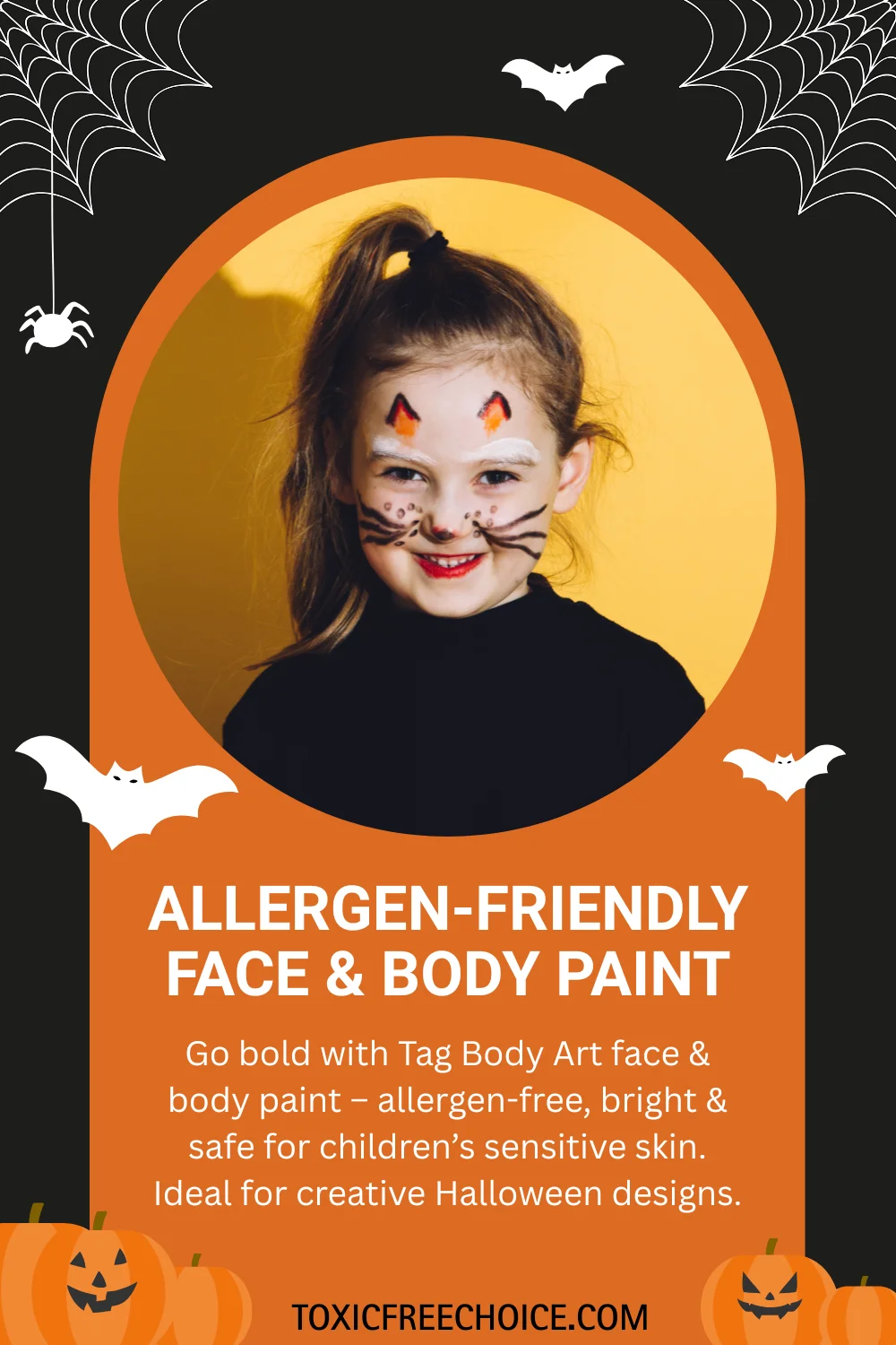 Child with cat Halloween face paint using allergen-free, safe body paint for sensitive skin.