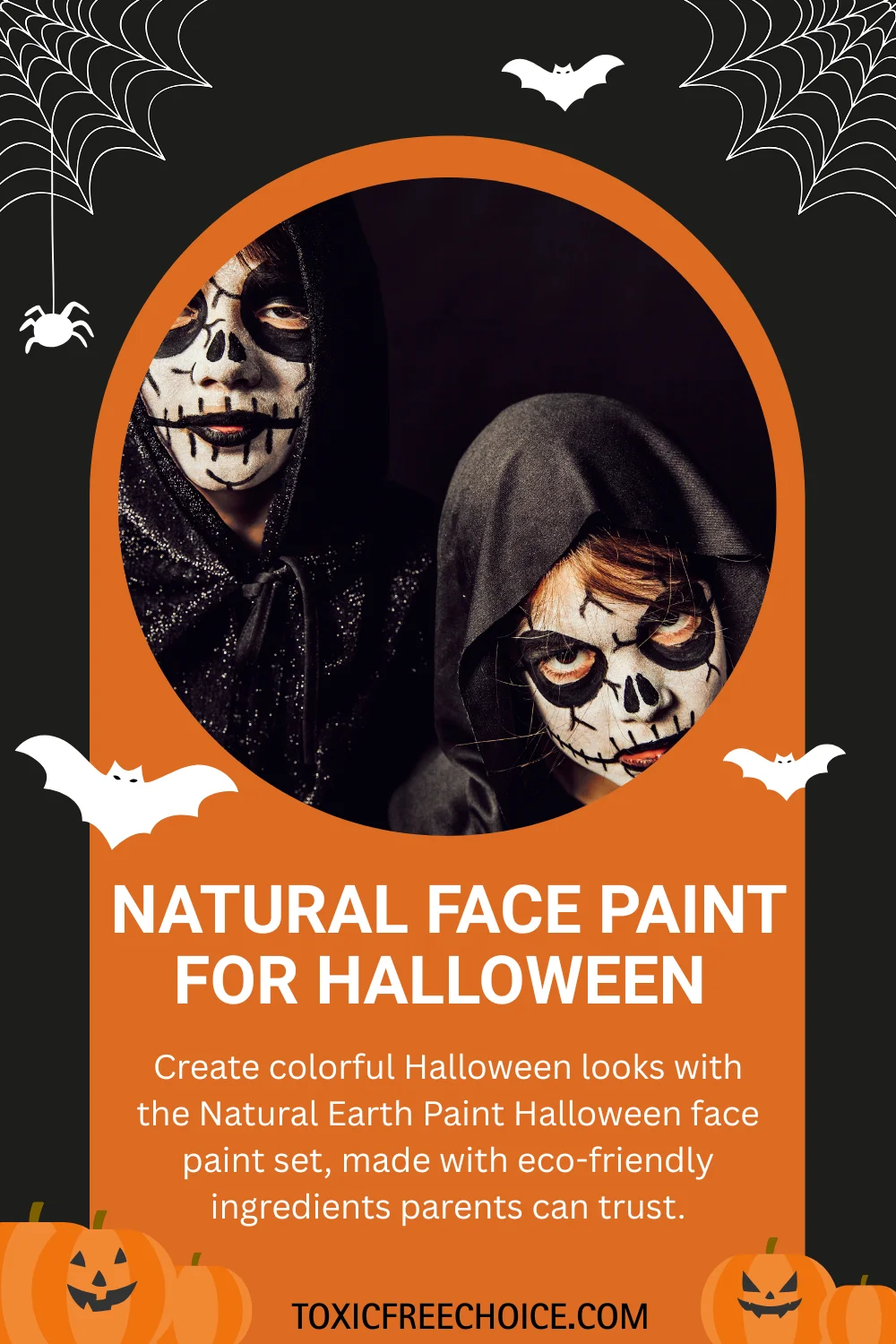 Kids with skeleton Halloween makeup using natural, non-toxic face paint, safe for family fun.