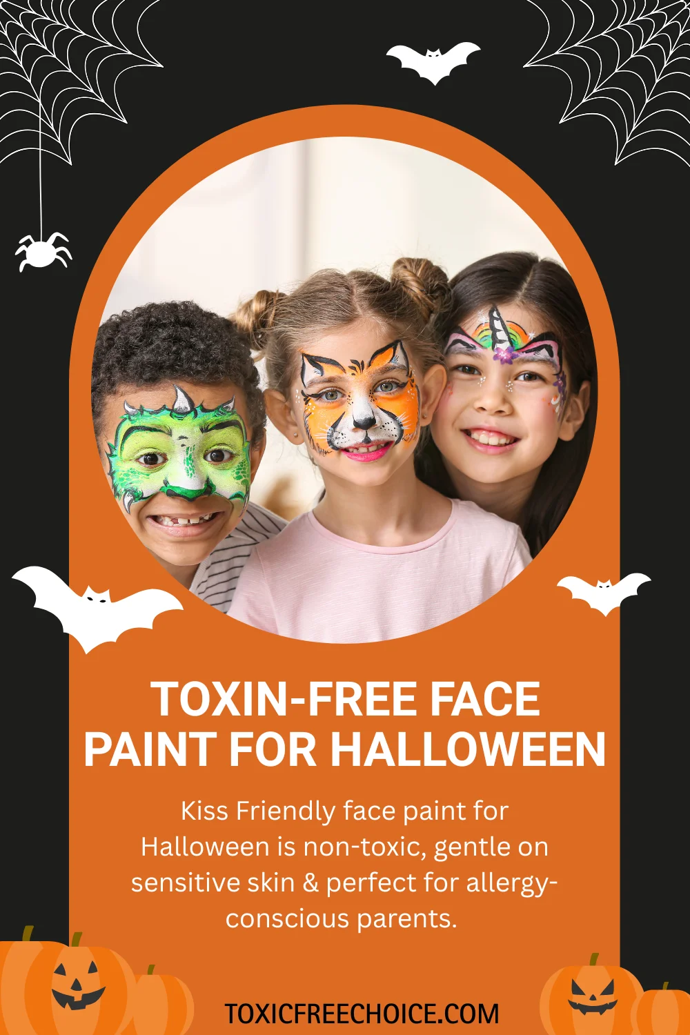 Group of kids in Halloween costumes wearing toxin-free face paint safe for children.