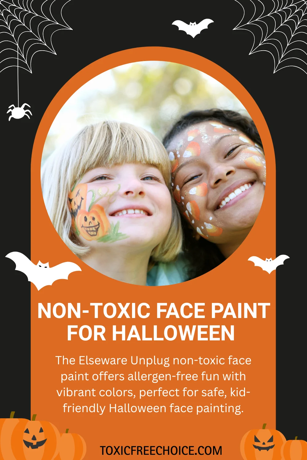 Kids wearing non-toxic Halloween face paint with a pumpkin design, safe, allergen-free makeup.
