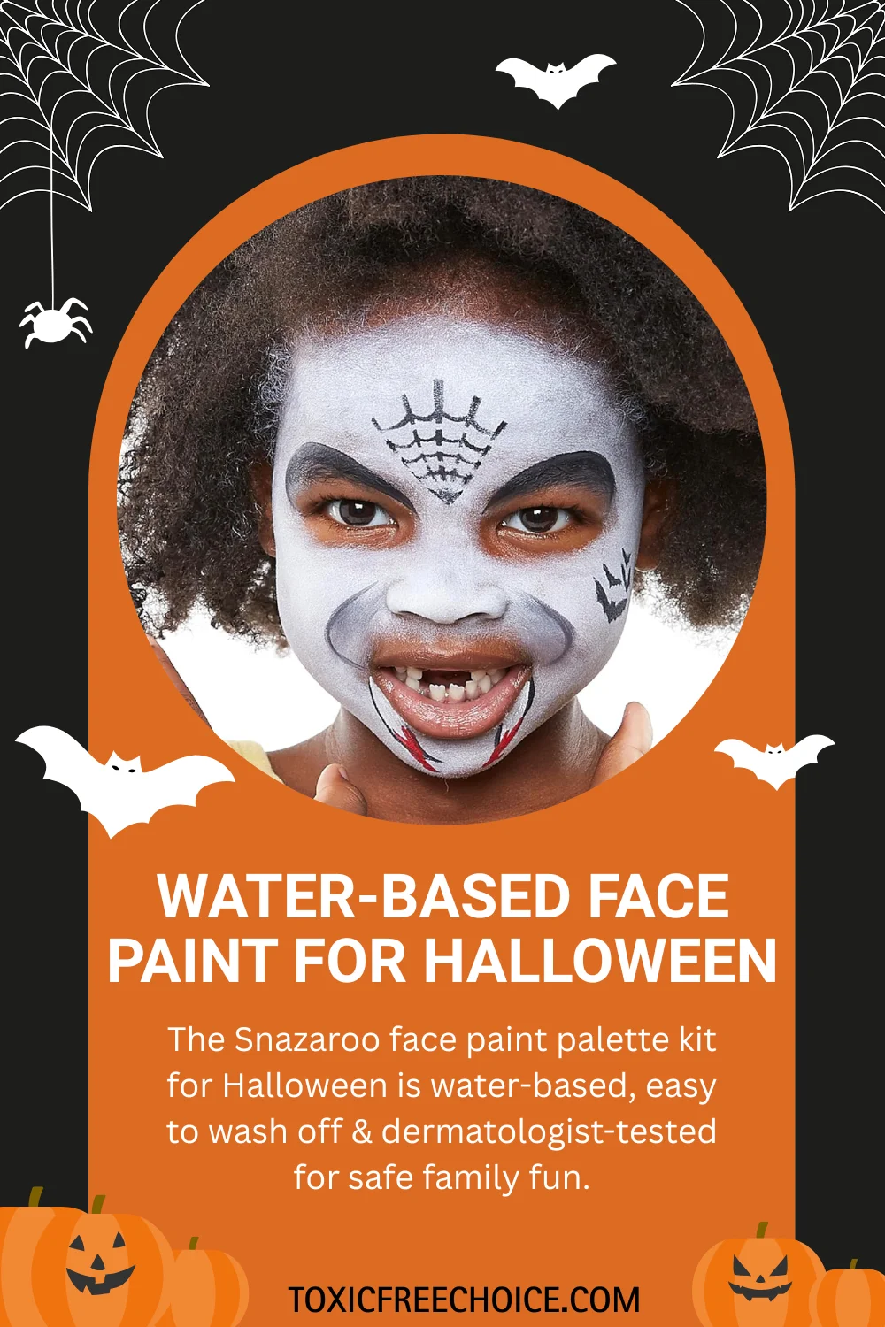 Kid with skeleton spiderweb Halloween face paint using safe water-based non-toxic makeup.