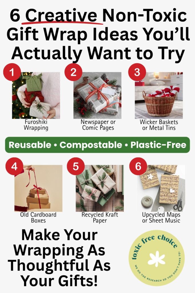 6 creative non-toxic gift wrap ideas including furoshiki wrapping, newspaper pages, wicker baskets, cardboard boxes, recycled kraft paper, and upcycled maps. Reusable, compostable, and plastic-free wrapping options for sustainable holiday gifting.
