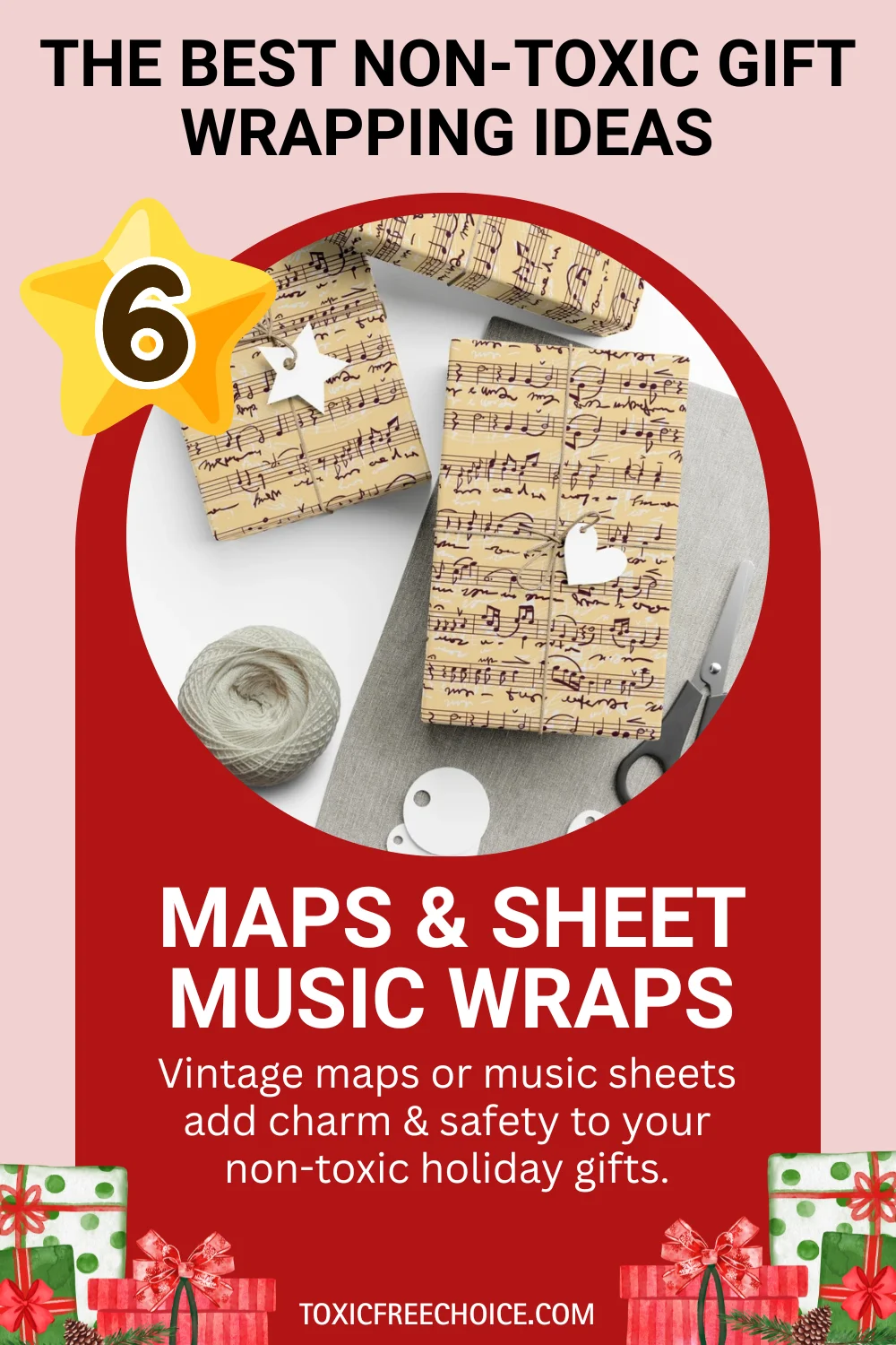 Non-toxic DIY gift wrap using vintage maps and sheet music tied with jute twine.