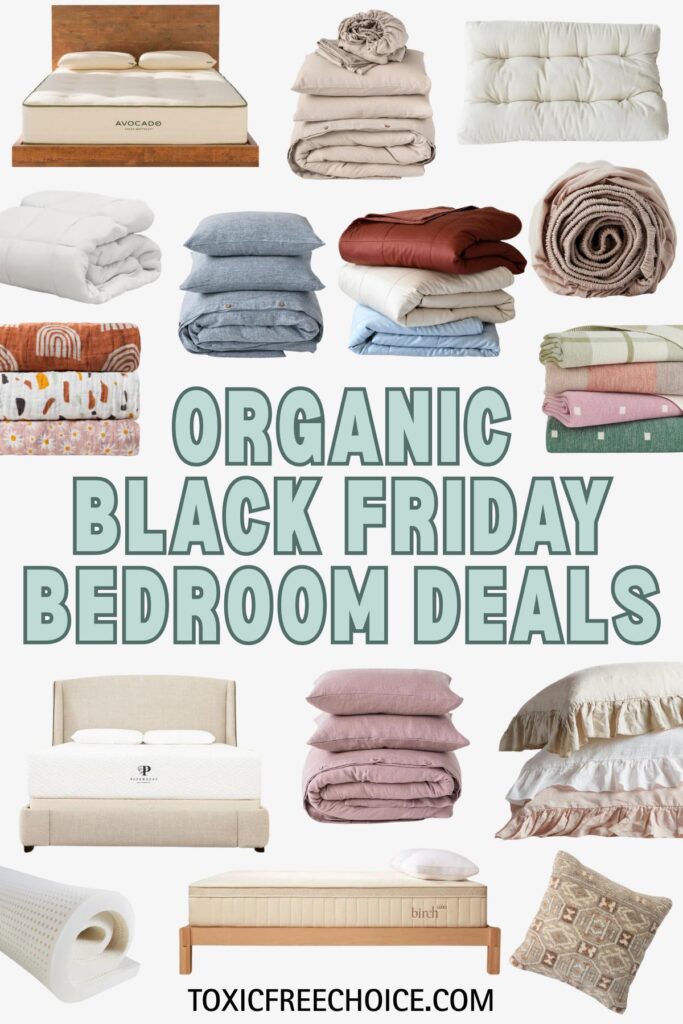 Collage of organic bedroom products including mattresses, bedding, pillows, and blankets with text reading ‘Organic Black Friday Bedroom Deals’.