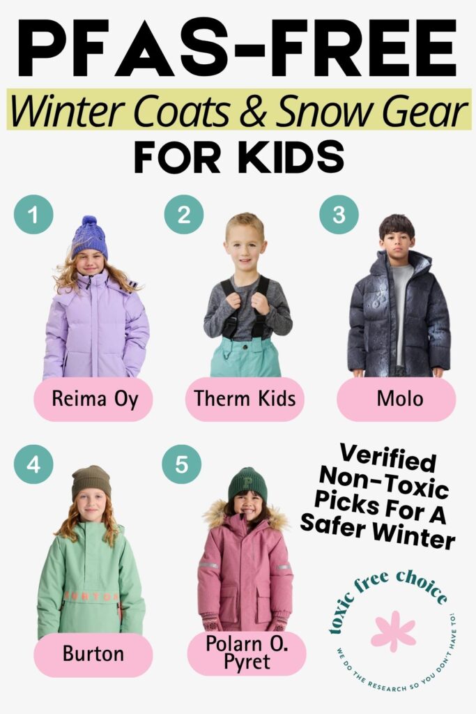 Infographic titled ‘PFAS-Free Winter Coats & Snow Gear for Kids’ featuring five non-toxic outerwear brands: Reima Oy, Therm Kids, Molo, Burton, and Polarn O. Pyret. Text reads ‘Verified non-toxic picks for a safer winter’.