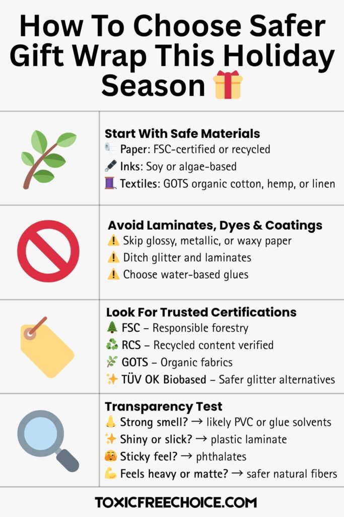 Guide showing how to choose safer gift wrap: use FSC-certified paper, soy-based inks, and organic textiles; avoid glitter, laminates, and coatings. Includes trusted certifications like FSC, RCS, and GOTS, plus tips to spot hidden toxins.