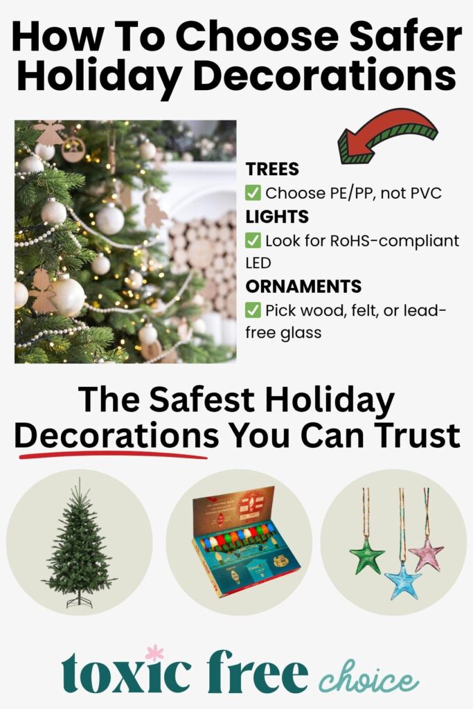 Guide on how to choose safer holiday decorations, recommending PE/PP trees instead of PVC, RoHS-compliant LED lights, and wood, felt, or lead-free glass ornaments. Includes images of a Christmas tree, safe lights, and glass star ornaments.