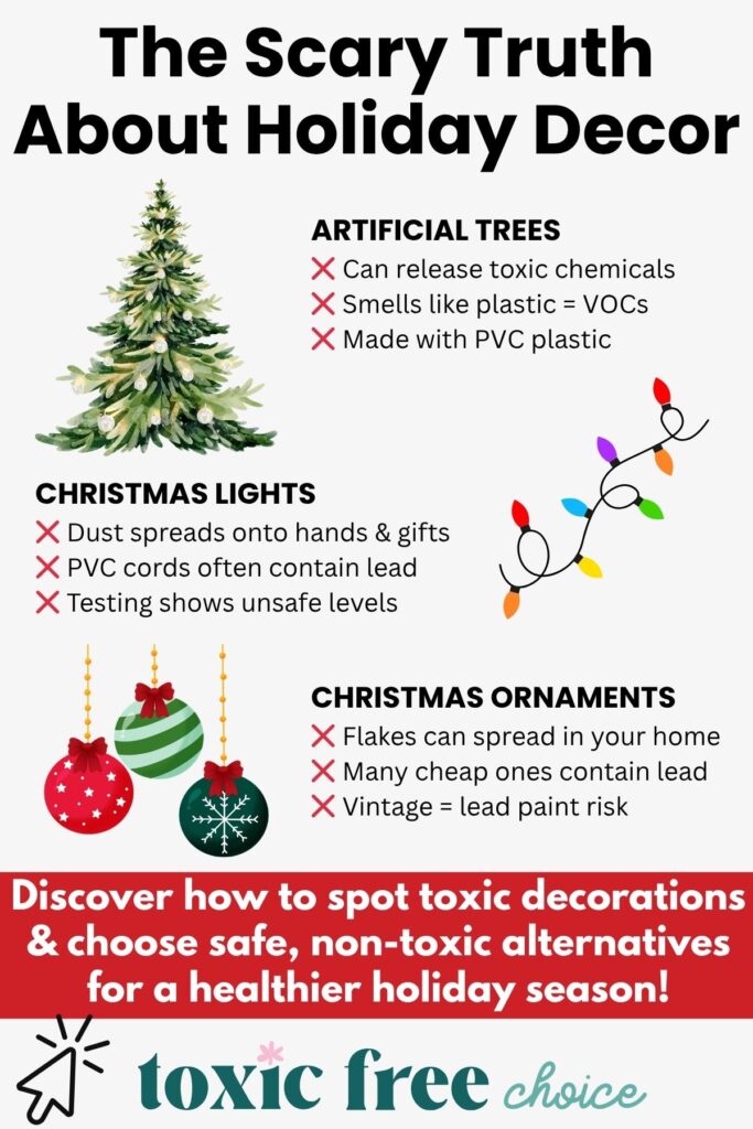 Infographic on the hidden toxins in holiday décor, showing risks from artificial trees, Christmas lights, and ornaments, and encouraging safer, non-toxic alternatives for a healthier holiday season.