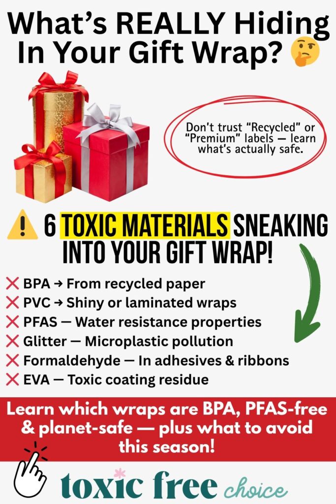 Educational graphic listing six toxic materials commonly found in gift wrap: BPA, PVC, PFAS, glitter, formaldehyde, and EVA. Encourages choosing BPA- and PFAS-free alternatives for safer, eco-friendly holiday wrapping.