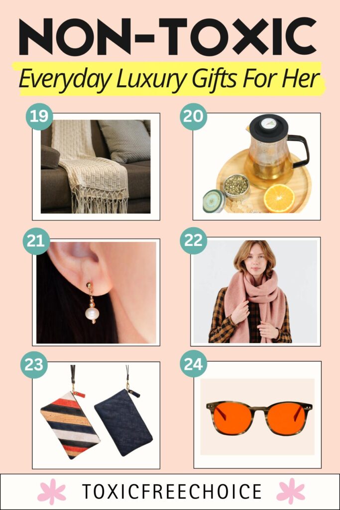 Comfort and style gifts for her — sustainable fashion, toxin-free home comforts, and ethically made accessories tested by Toxic Free Choice. Includes Cottonique, Son de Flor, and Rays & Riches.