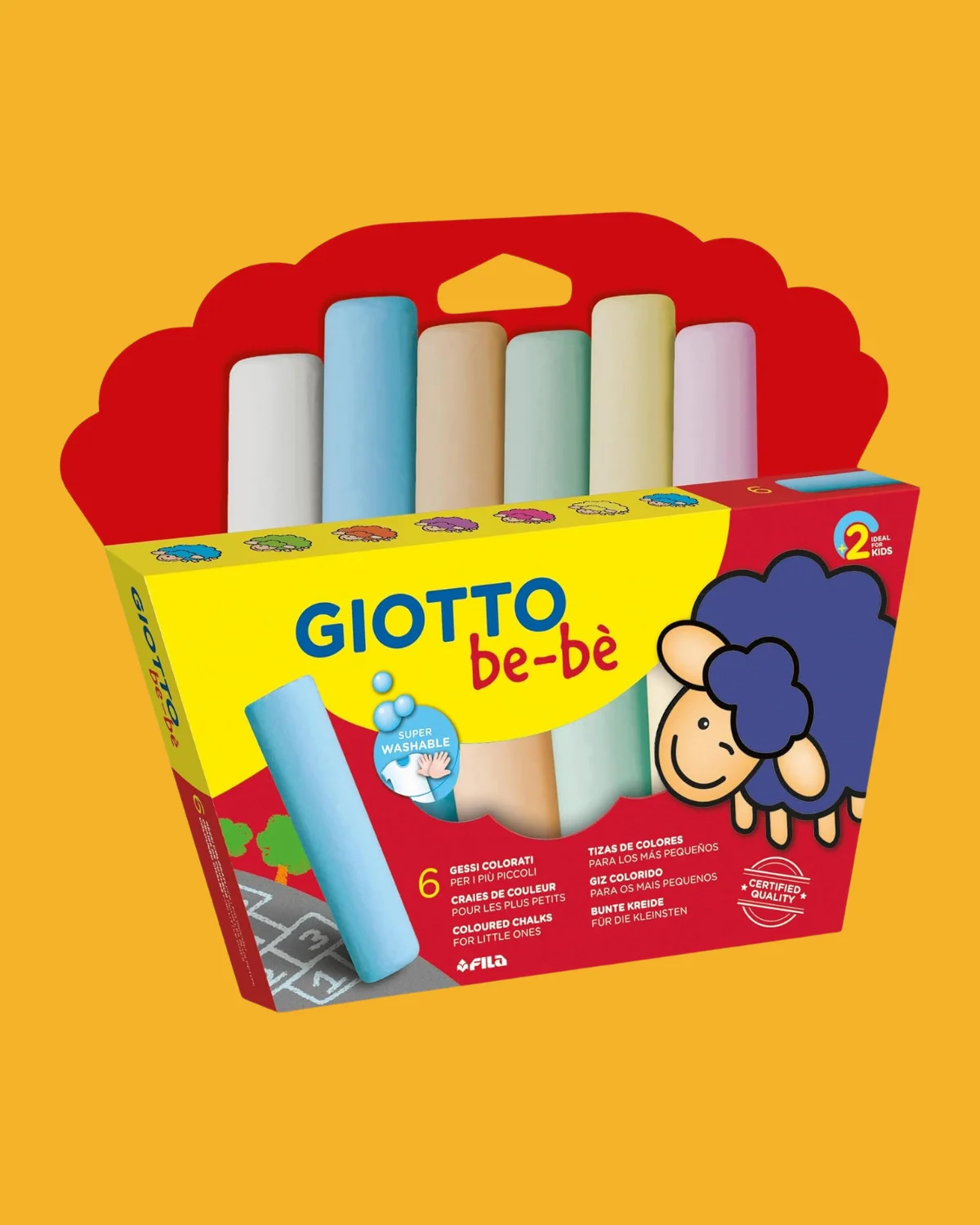 Giotto be-bè oversized chalk sticks with food-safe pigments and EN 71 certification for safe toddler art.