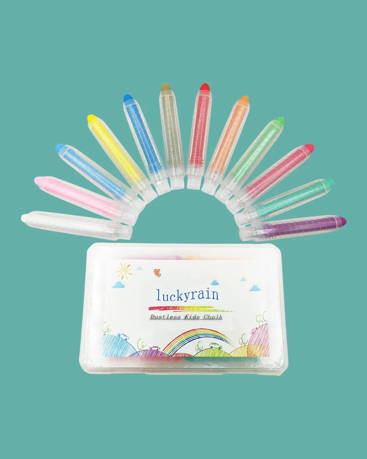 Lucky Rain dust-free chalk made from gypsum, designed for asthma-friendly indoor and homeschool art.