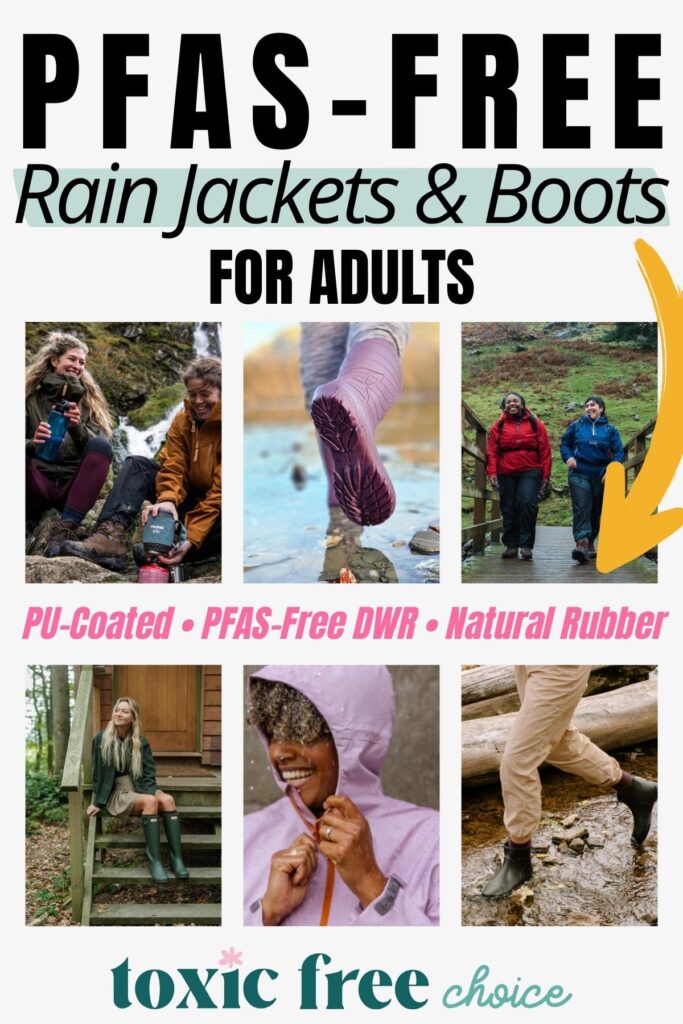 Graphic showcasing PFAS-free rain jackets and boots for adults, featuring natural rubber boots and PU-coated, PFAS-free DWR rainwear.