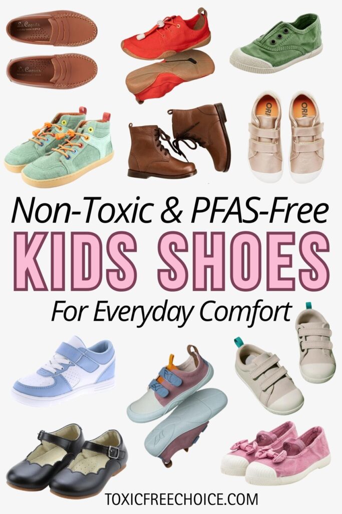 Non-toxic and PFAS-free kids shoes displayed in various styles and colors for everyday wear.