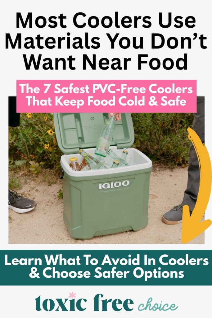 Photo of a green Igloo cooler filled with drinks, promoting PVC-free coolers and safer materials for food storage.